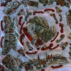 Vintage Scenic Tirol Souvenir Scarf in White, Red, Green, Brown Austrian
